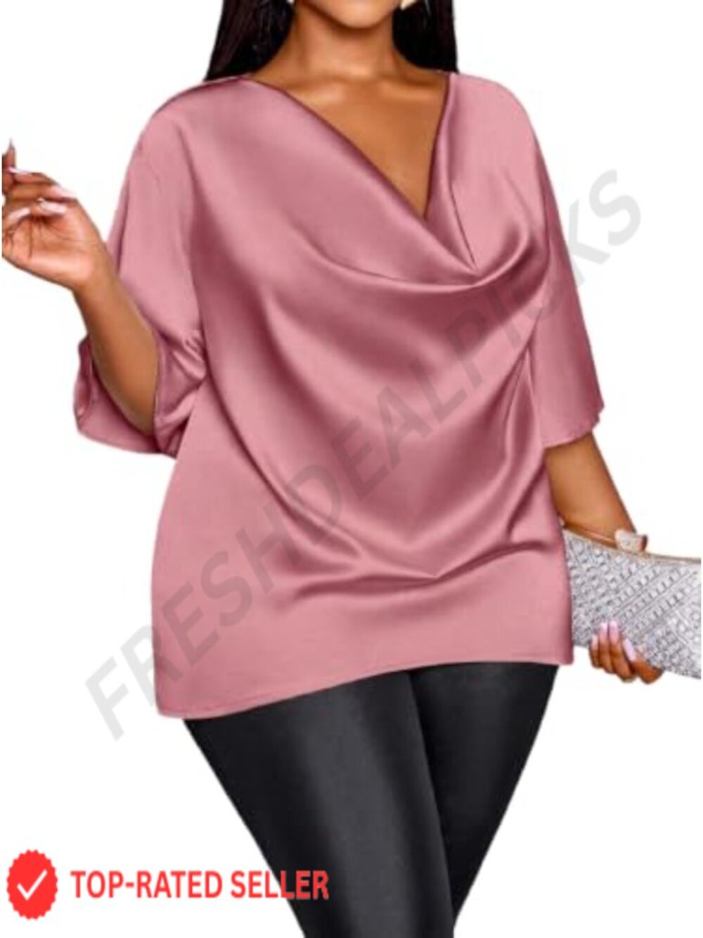 Satin Cowl Neck Short Sleeve Blouse Plus Size Dressy Casual Top